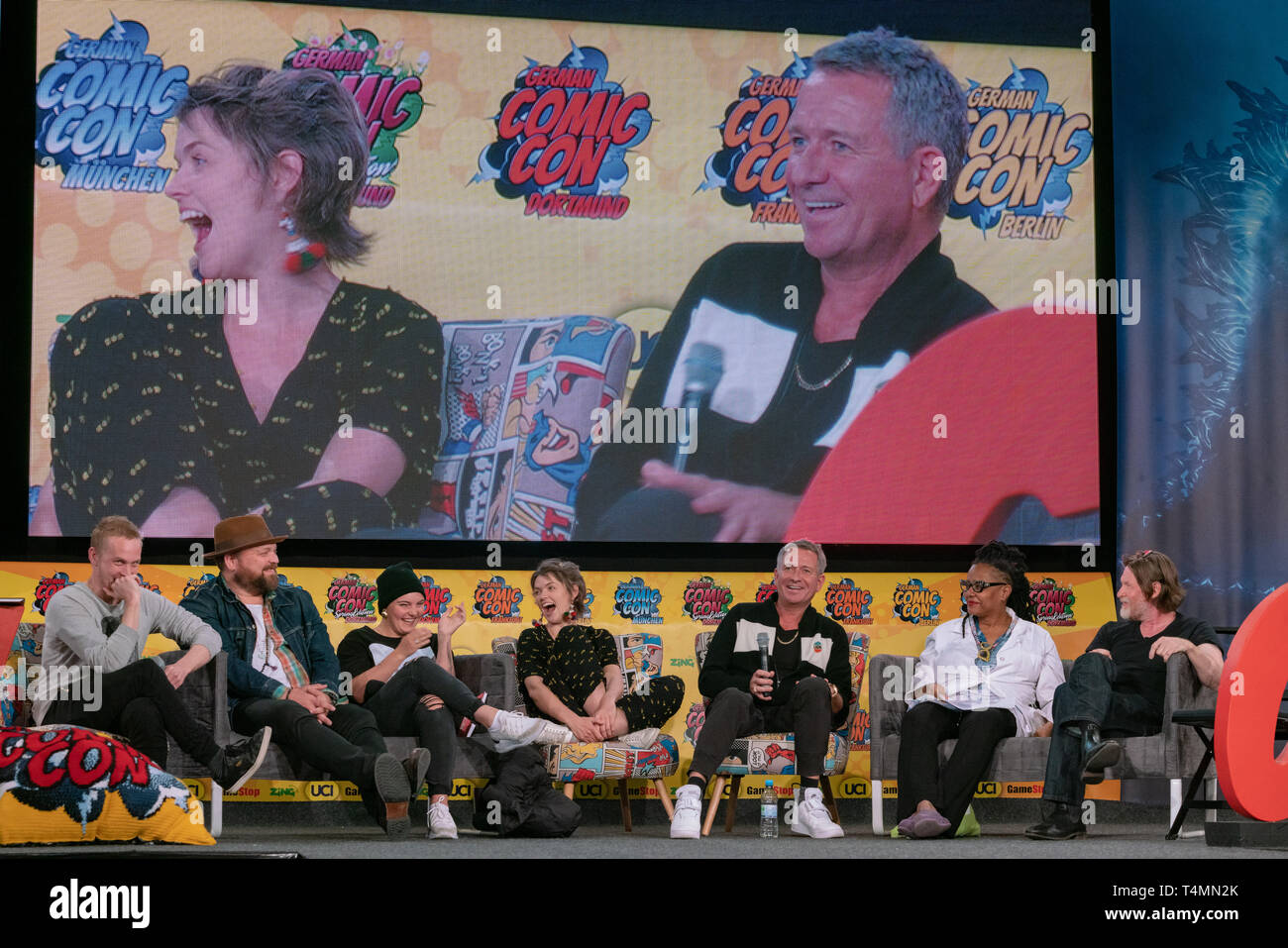 DORTMUND, Germania - 13 Aprile 2019: Robin Lord Taylor, Drew Powell, Camren Bicondova, Erin Richards, Sean Pertwee, Tonya Pinkins e Donal Logue al comico tedesco Con Dortmund edizione di Primavera Foto Stock