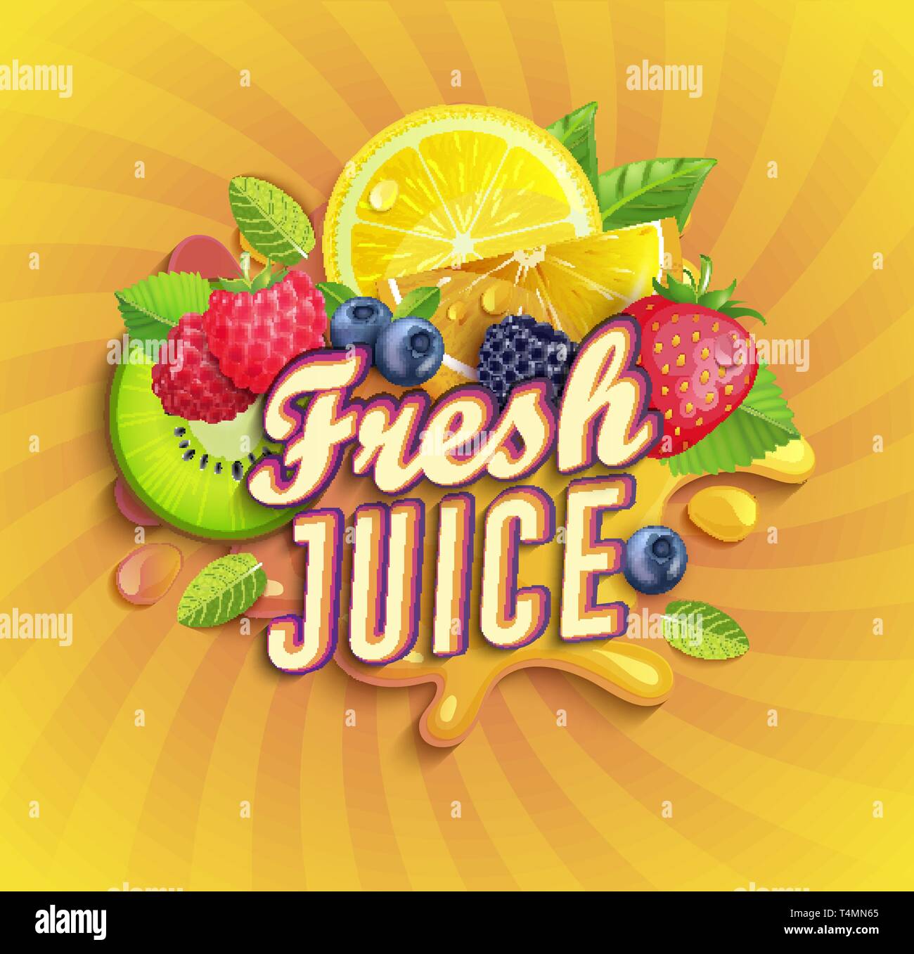 Succo di frutta fresco logo con splash, frutti e bacche. Illustrazione Vettoriale