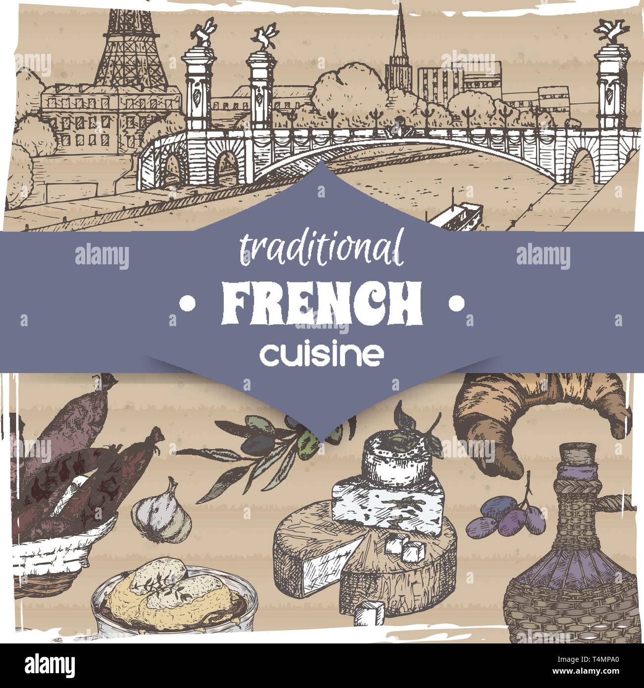 Cucina francese modello paesaggio di Parigi, il colore della bottiglia di vino e formaggio, croissant e la zuppa di cipolla, olive e salsicce. Illustrazione Vettoriale