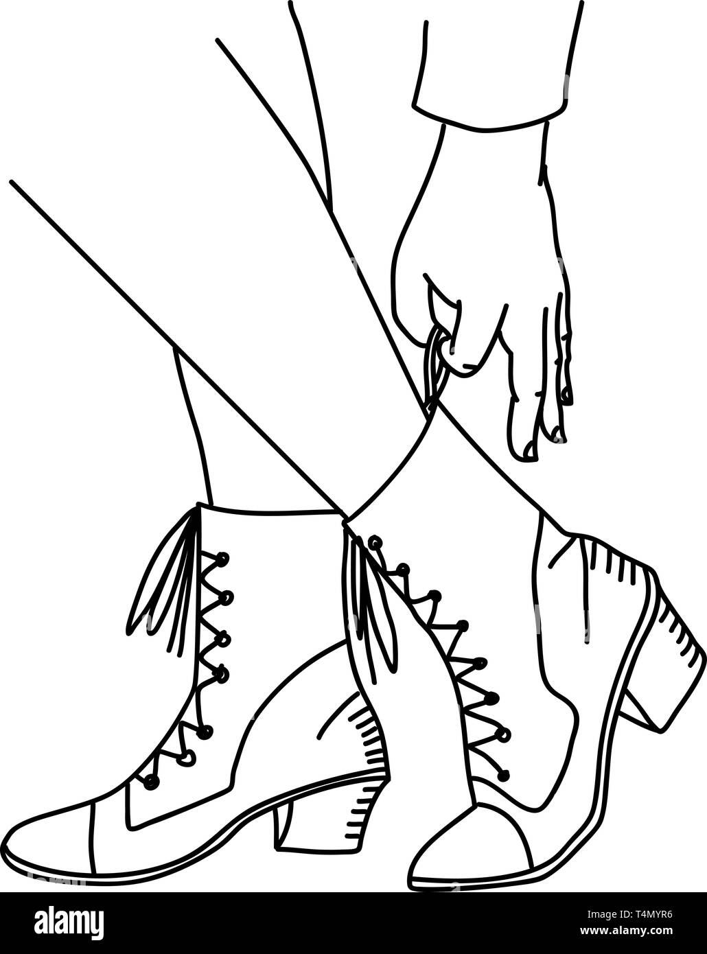 Donna mettendo su scarpe di colore bianco su sfondo isolato. Disegno della linea, vettore Illustrazione Vettoriale