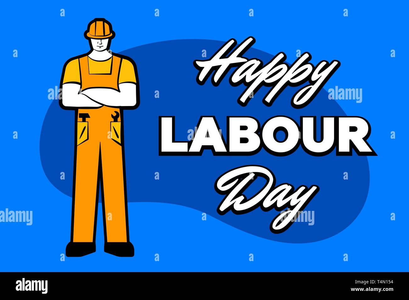 Lavoratore uomo in costruzione giallo casco e iscrizione felice Festa del lavoro. 1 maggio biglietto di auguri. Illustrazione Vettoriale per creare poster, striscioni, annuncio, promozione, Illustrazione Vettoriale