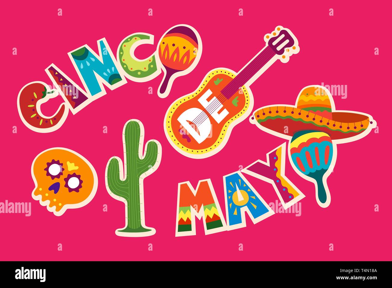 Cinco de Mayo celebrazione in Messico. Il 5 maggio in America Latina vacanze. Colorata e dettagliata e un sacco di oggetti dello sfondo. Template vettoriale con tradizionale di me Illustrazione Vettoriale