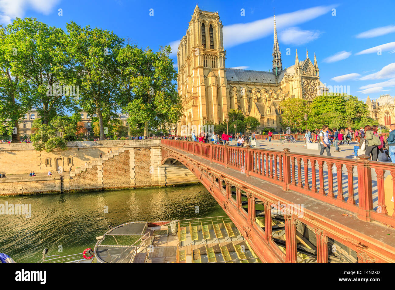 Parigi, Francia - luglio 1, 2017: Bateaux-Mouches barca ormeggiata sulla Senna sotto il ponte rosso con la cattedrale di Notre Dame a l'Ile de la Cite in un soleggiato Foto Stock