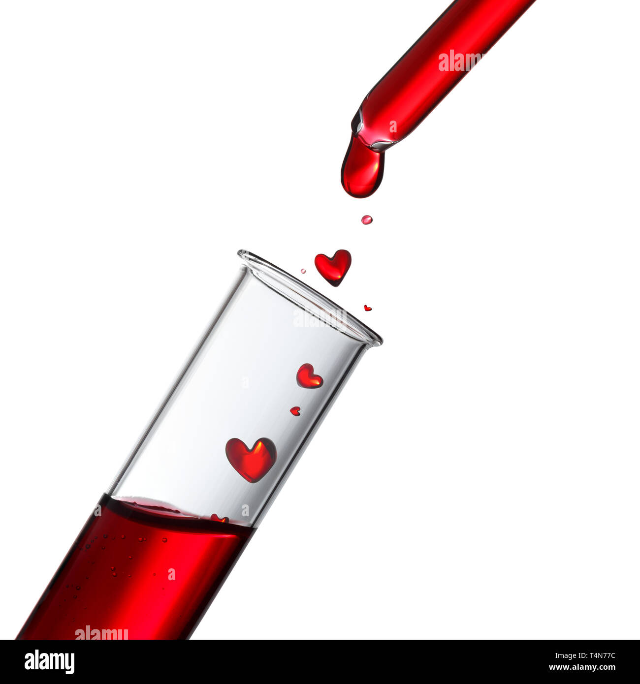 Il sangue o la pozione d'amore scende in forma di calore dalla pipetta di vetro per tubo di prova, il donatore o il concetto di amore Foto Stock
