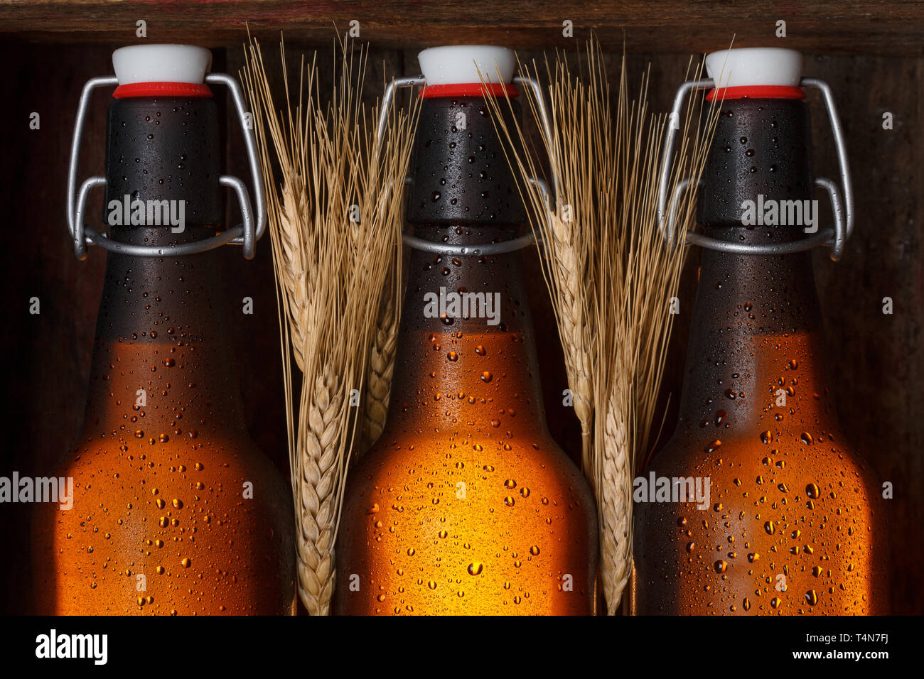 Le bottiglie di birra con steli di grano nella vecchia gabbia in legno ancora vita Foto Stock