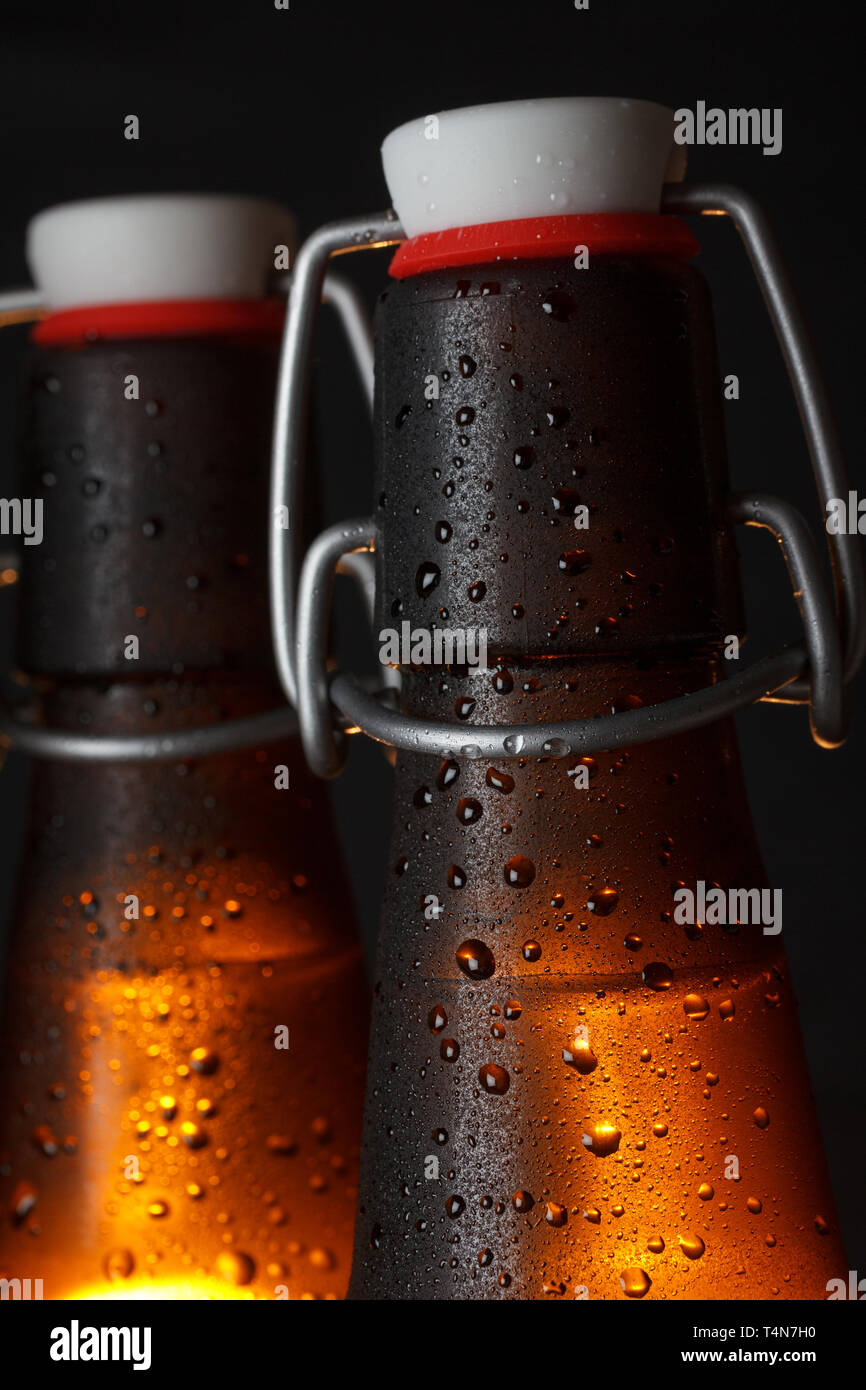 Due bottiglie di birra su sfondo scuro Foto Stock