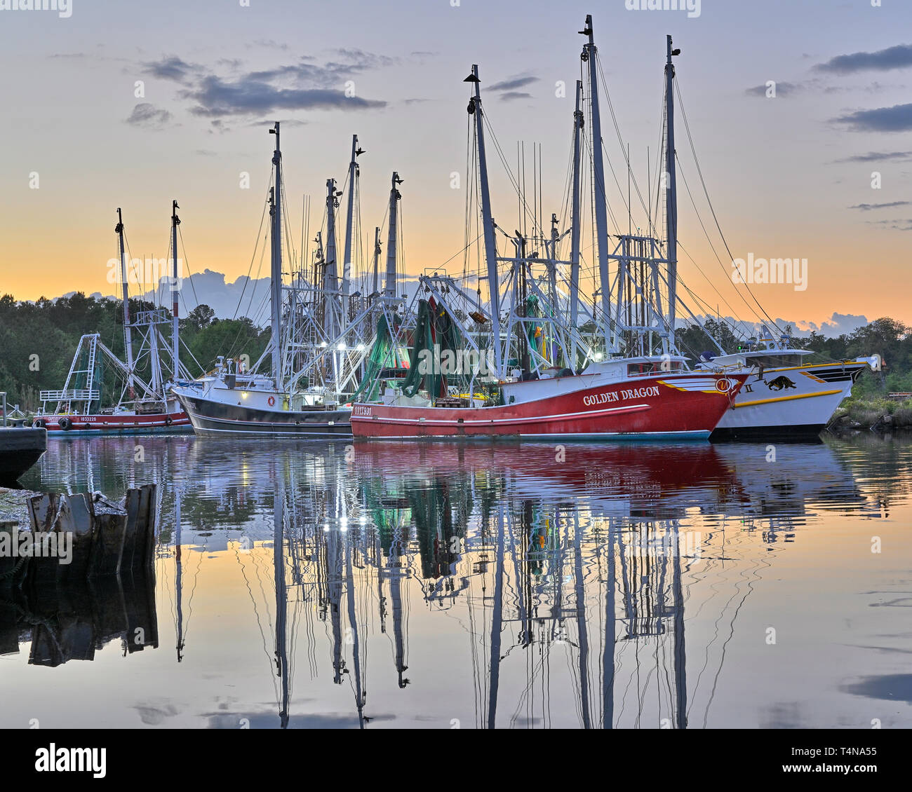 La pesca commerciale di imbarcazioni e natanti adibiti alla pesca di gamberetti legato fino al tramonto in Bayou La Batre Alabama, Stati Uniti d'America. Foto Stock