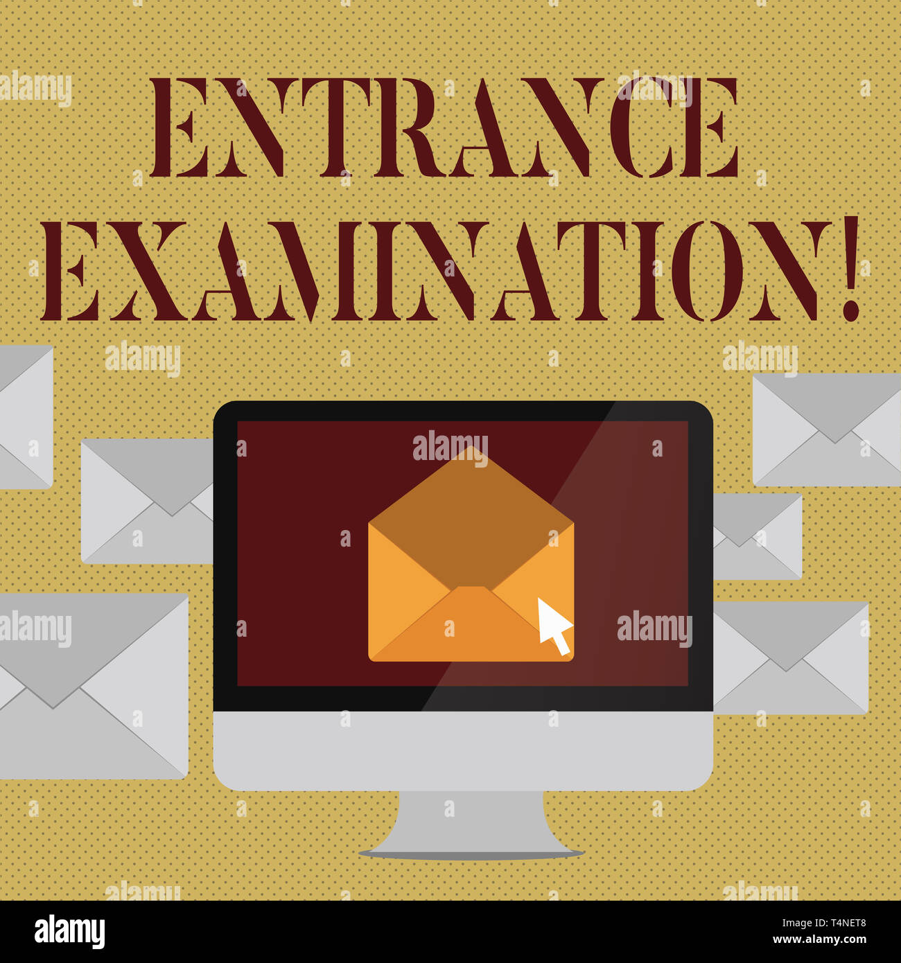 La scrittura della nota mostra esame di ammissione. Il concetto di business per un esame che si prende per essere accettati nella scuola di una busta aperta all'interno di Computer Lette Foto Stock