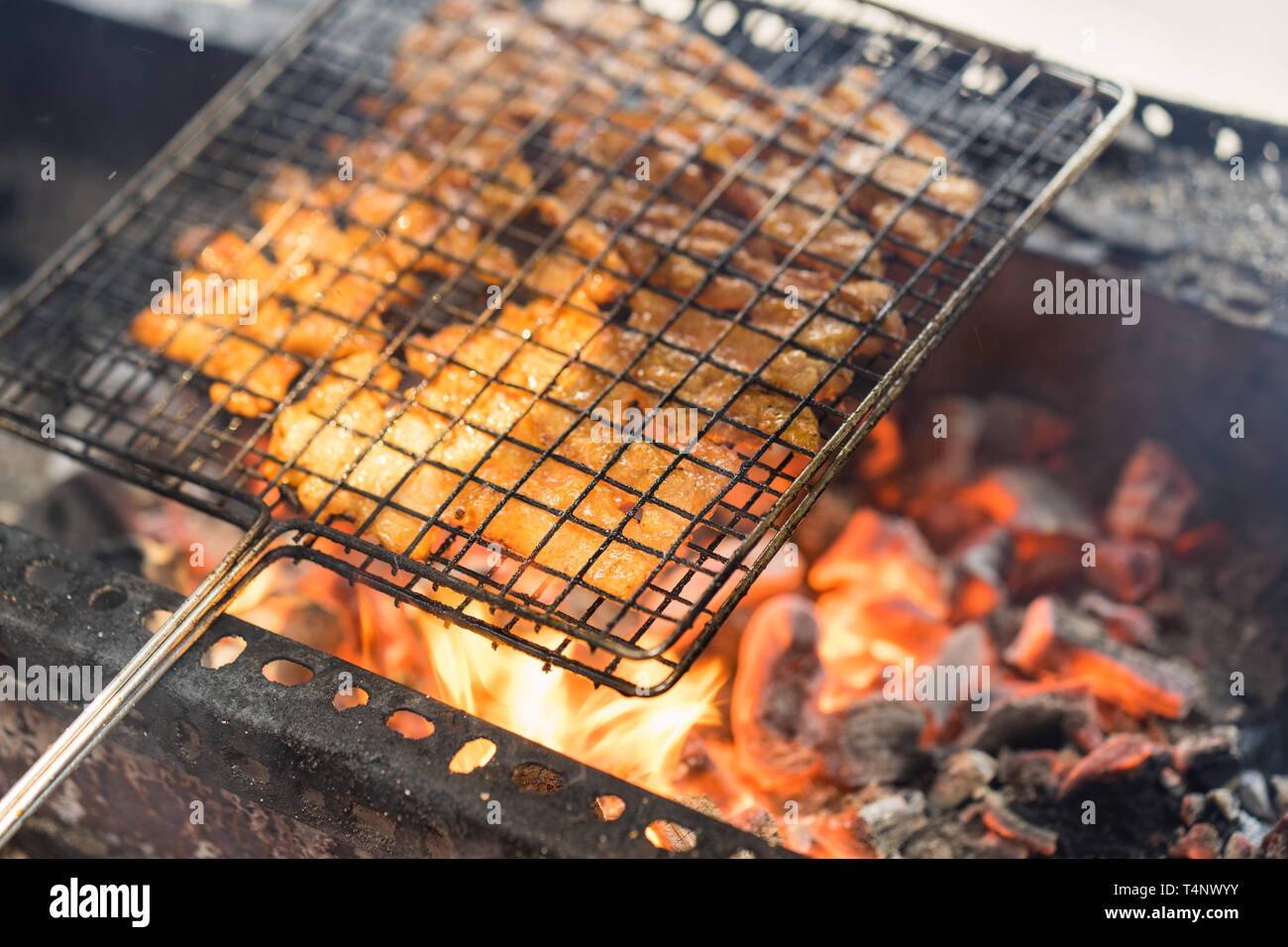 Carne alla brace per la cottura sul fuoco - l'ingrediente di bun cha la famosa vietnamita zuppa di noodle con barbecue di carne, spring roll, i vermicelli e verdure fresche Foto Stock