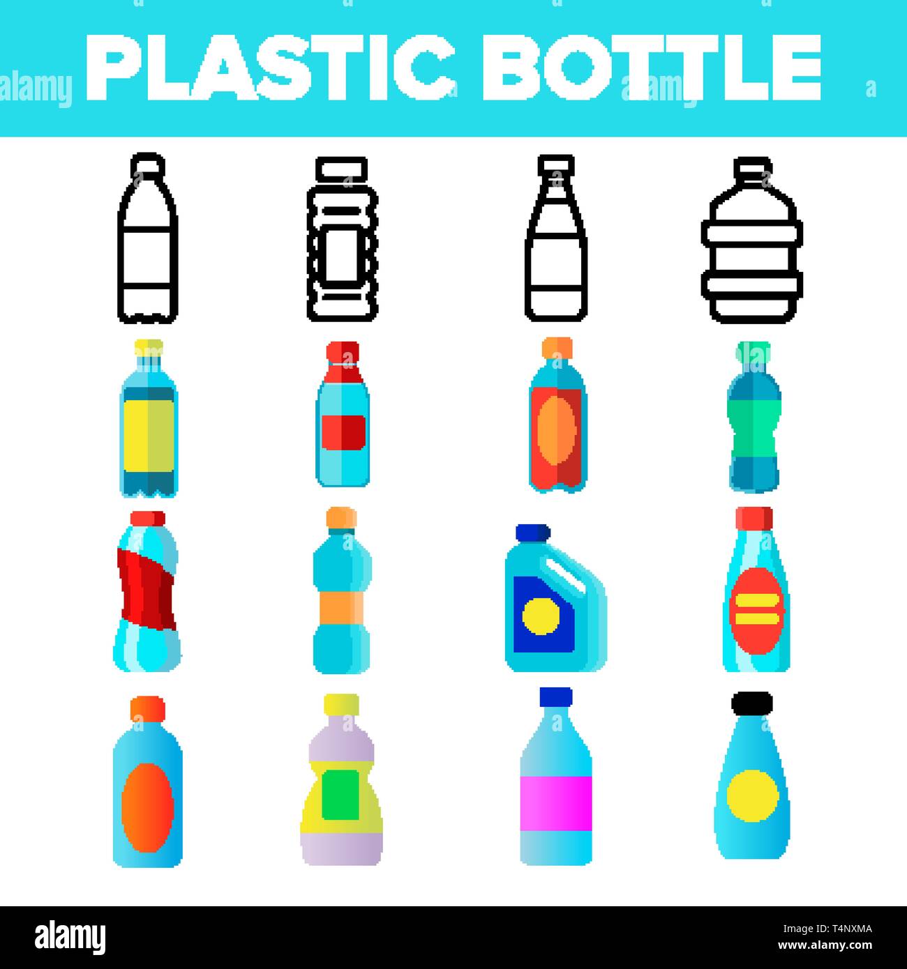 Bottiglia d'acqua in plastica di vettore lineare set di icone Illustrazione Vettoriale