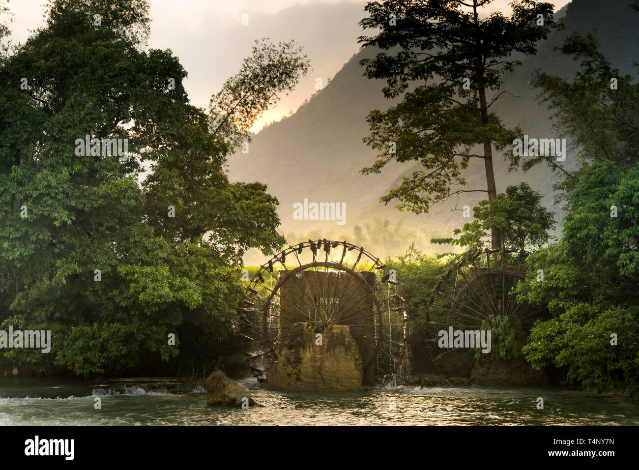 Il bambù ruota di acqua riceve le acque del fiume per irrigare i campi di riso. Paesaggio particolare di area Cao Bang provincia montagne, Vietnam Foto Stock