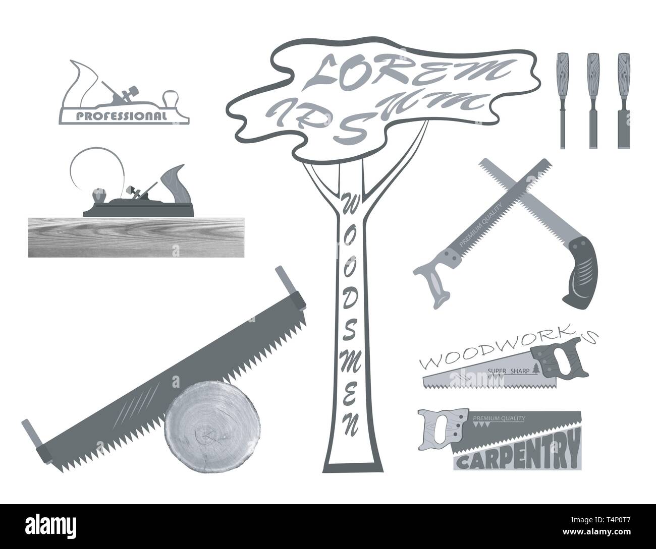 Set di attrezzi per la lavorazione del legno. presenta un piano, seghetto, martelli e scalpelli e i registri. Illustrazione Vettoriale