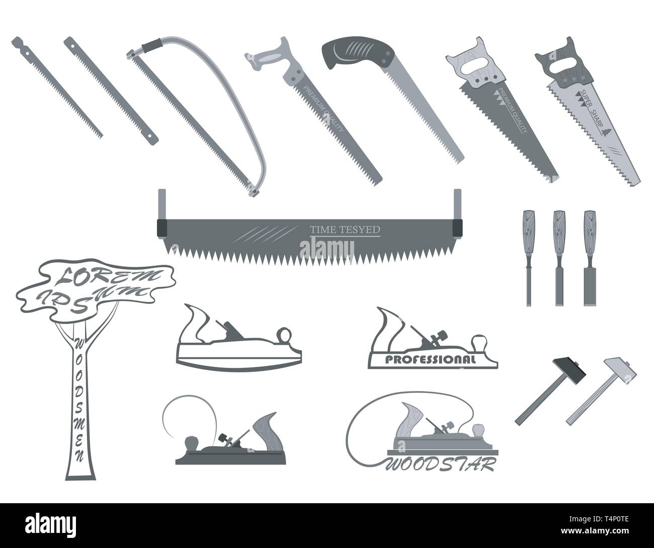 Set di attrezzi per la lavorazione del legno. presenta un piano, seghetto, martelli e scalpelli e i registri. Illustrazione Vettoriale