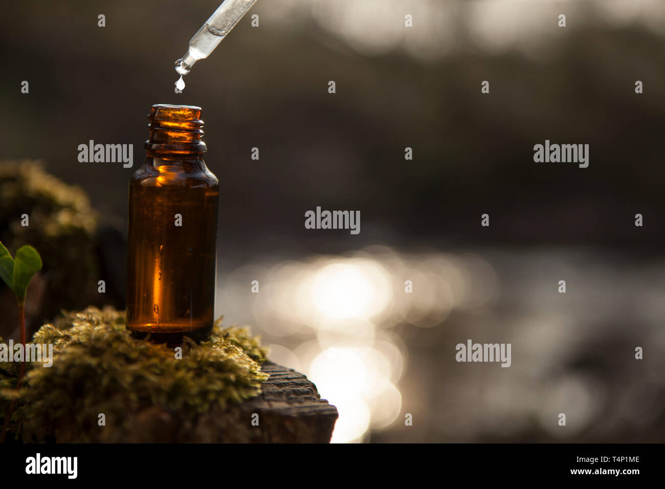 Dropper e bottiglia di vetro marrone. Olio essenziale che rientrano dal vetro contagocce. Foto Stock