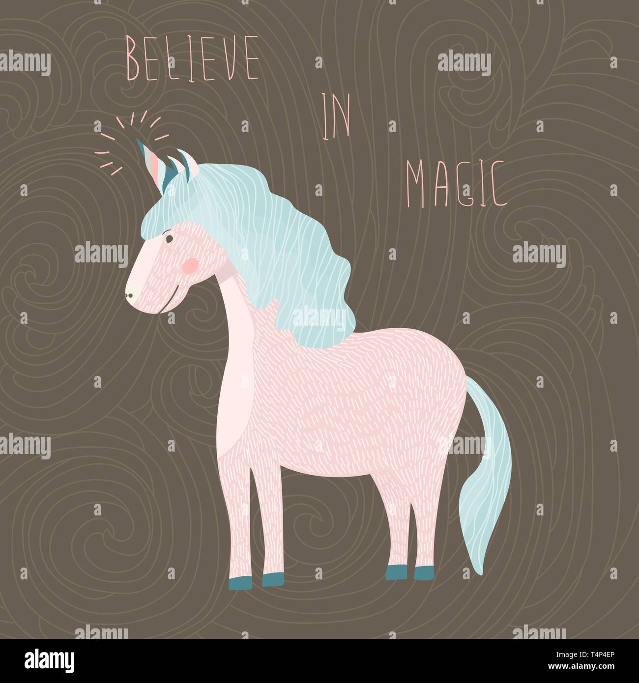 Carino unicorn con la scritta credono nella magia. I bambini la stampa su una t-shirt. Personaggio dei fumetti illustrazione vettoriale Illustrazione Vettoriale