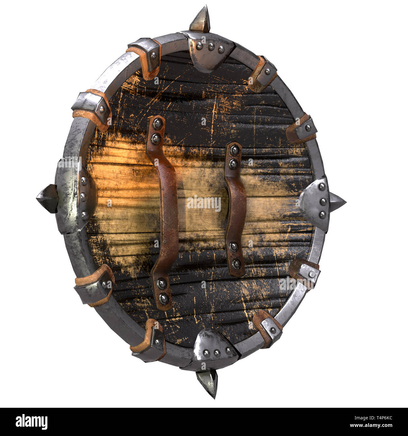 Round fantasy scudo in legno con inserti di ferro isolato su un background. 3d illustrazione Foto Stock