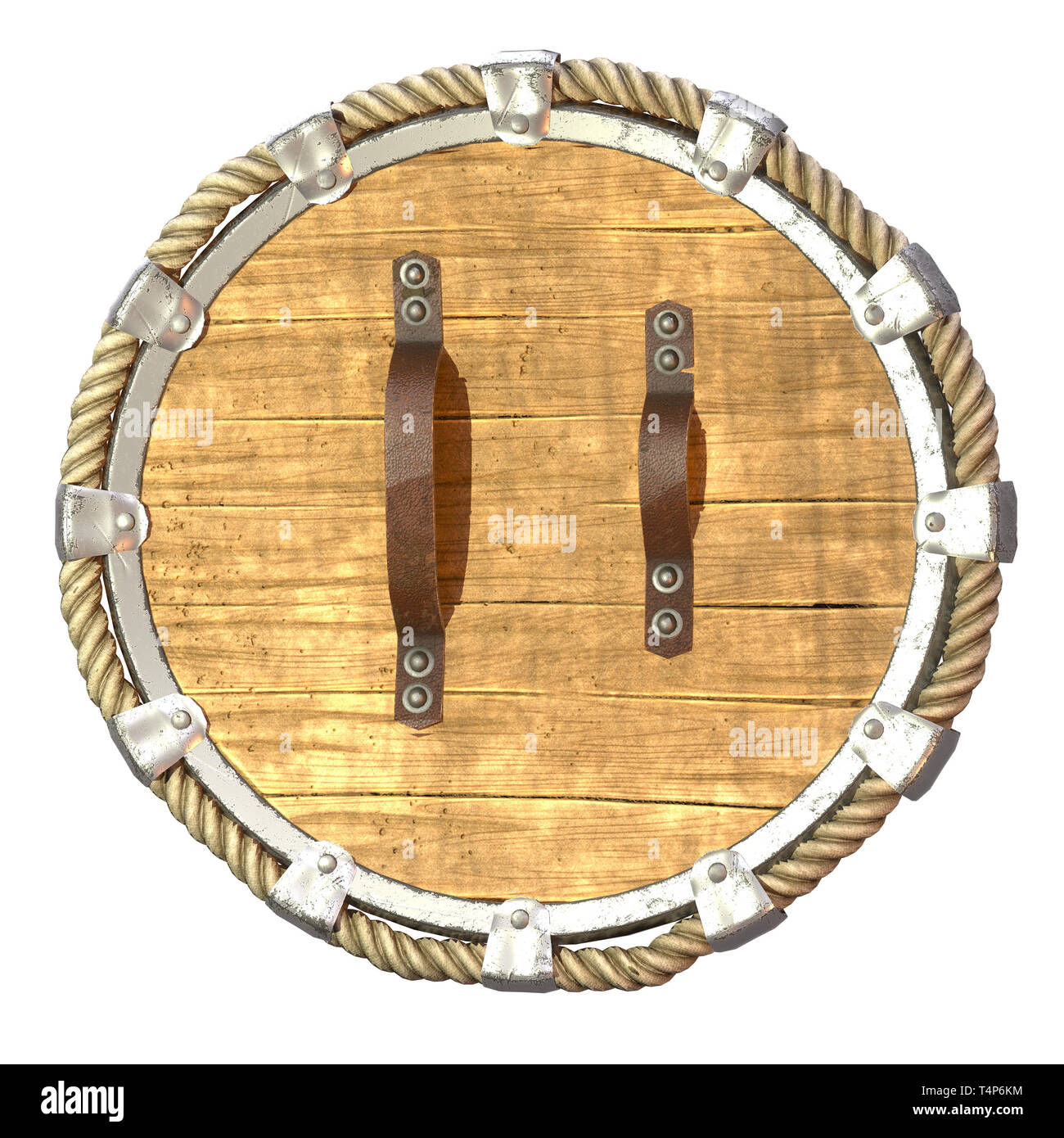 Round fantasy scudo in legno con inserti di ferro isolato su un background. 3d illustrazione Foto Stock