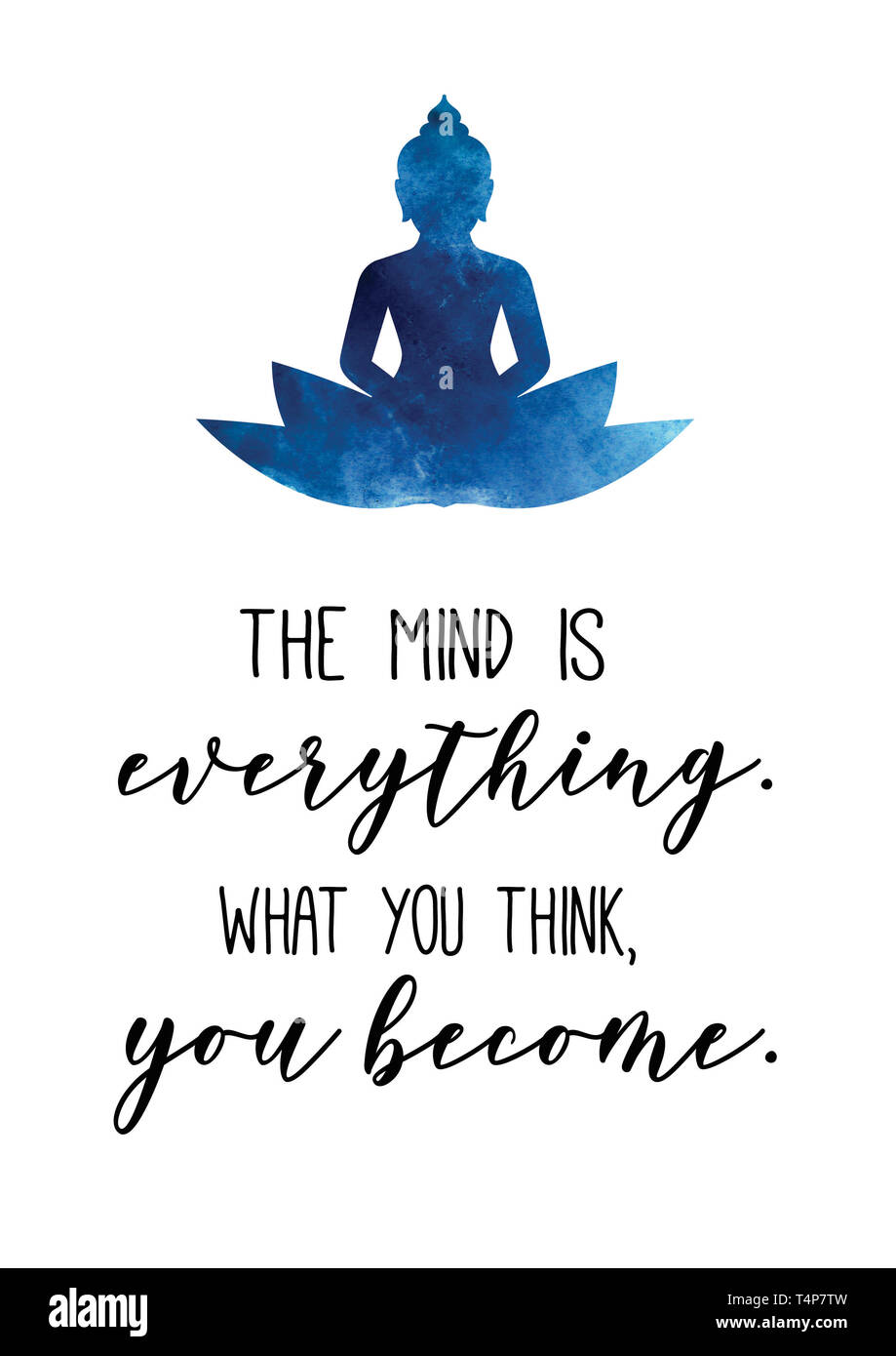 La mente è tutto ciò che si pensa, è diventato. Preventivo di Buddha con illustrazione del buddha in blu acquerello. Foto Stock