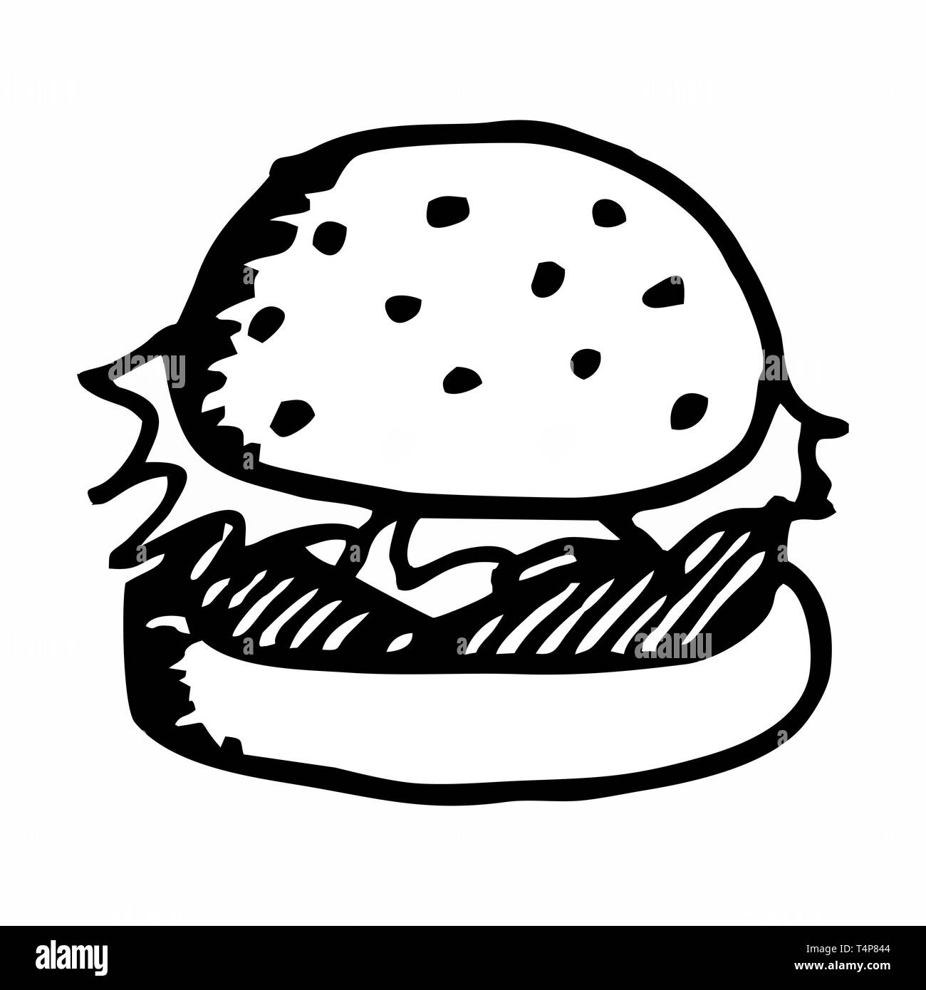 Disegnata a mano burger illustrazione. Contorni neri su sfondo bianco. Illustrazione Vettoriale
