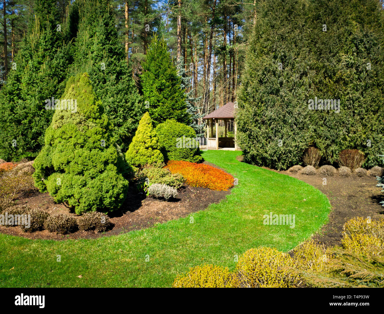 Splendido giardino paesaggistico con conifere e bower Foto Stock