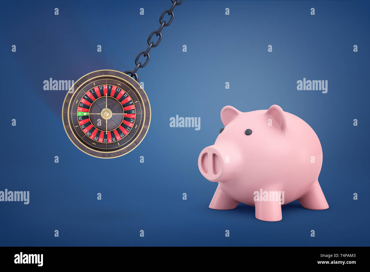 3D rendering di una grande rotonda roulette del casinò basculante in una catena di metallo nei pressi di una grande rosa salvadanaio. Foto Stock