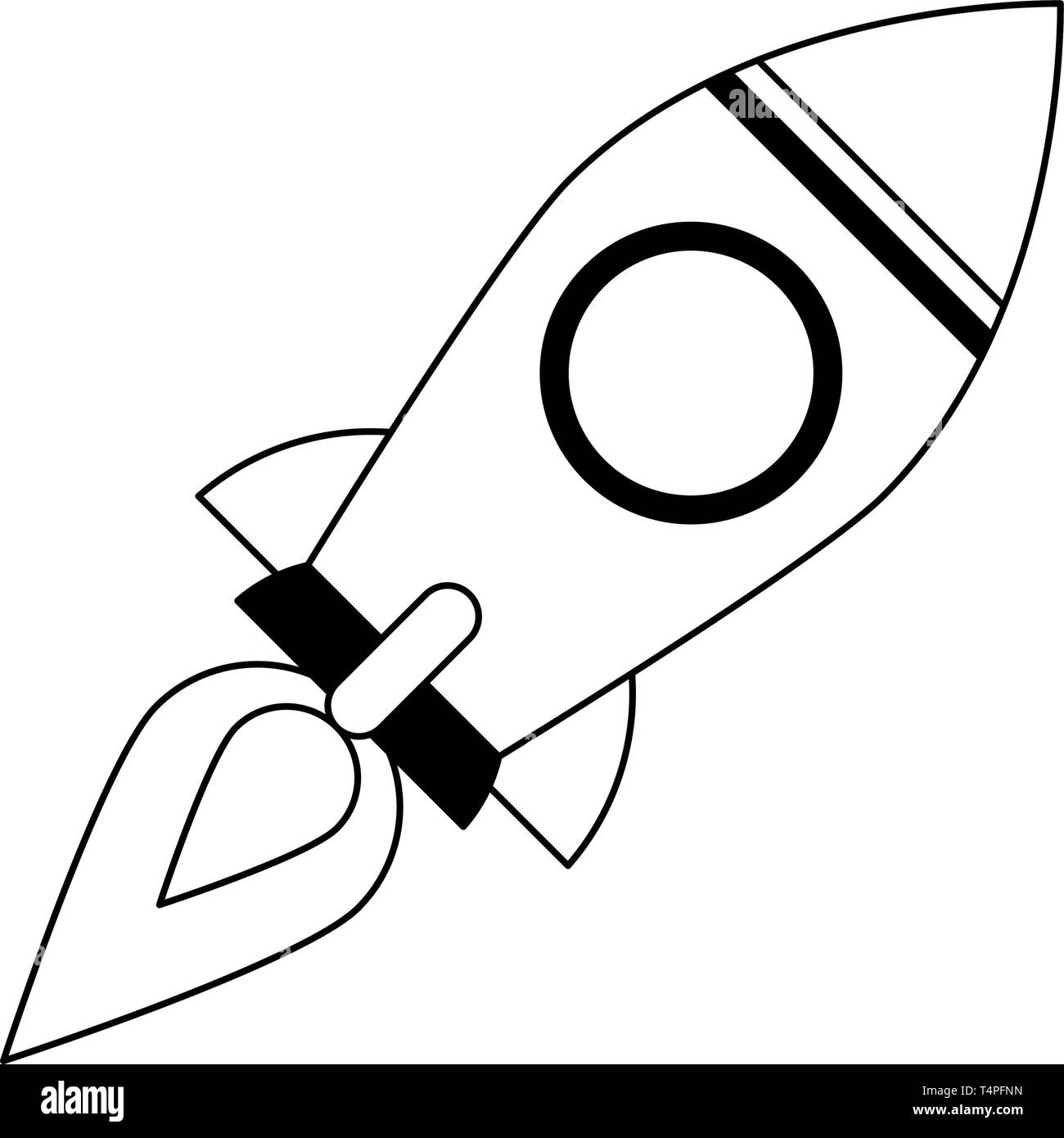 Rocket fliying spazio isolato in bianco e nero Illustrazione Vettoriale