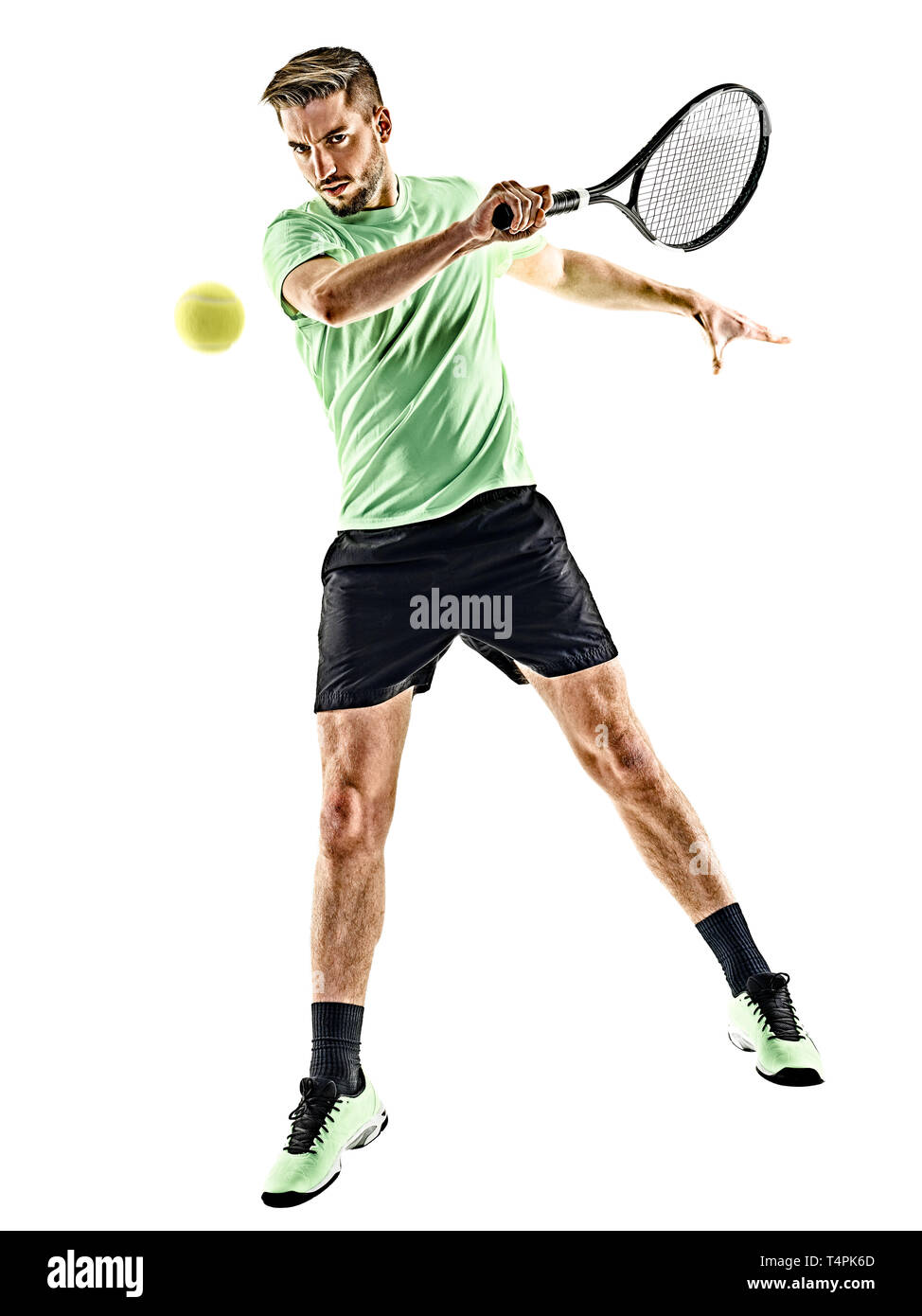Un uomo caucasico giocando a tennis player isolati su sfondo bianco Foto Stock