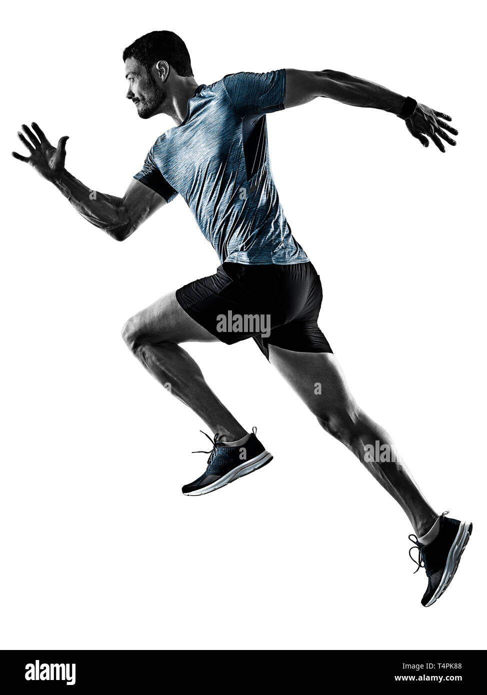 Un uomo caucasico runner acceso pareggiatore jogging isolato su sfondo bianco con ombre Foto Stock