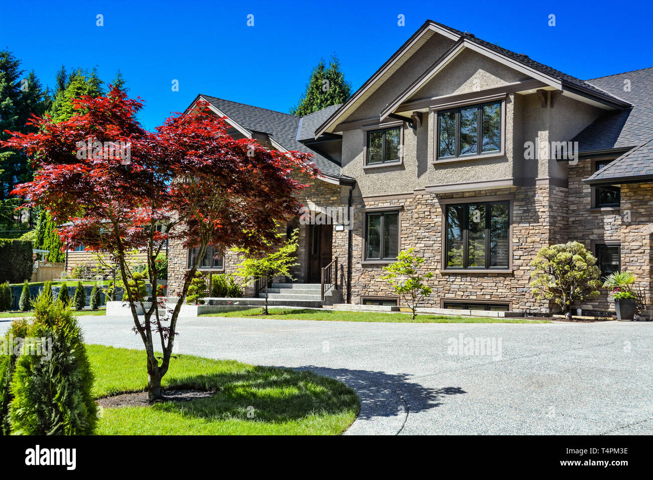 Cortile anteriore del lusso casa familiare con prato verde e viale di cemento davanti sul cielo blu sullo sfondo Foto Stock