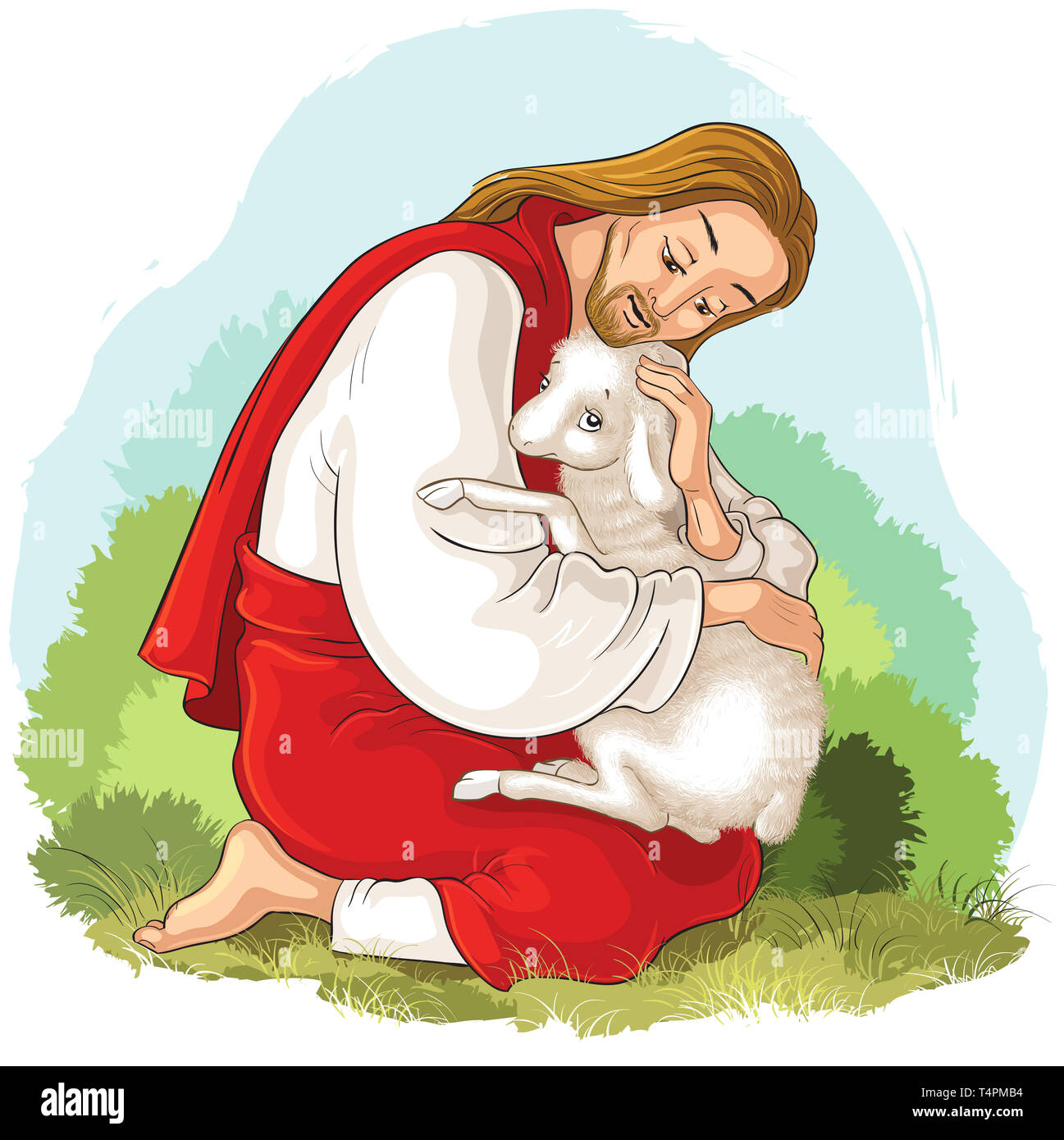 La storia di Gesù Cristo. La parabola della pecorella smarrita. Il Buon Pastore il salvataggio di un agnello catturati in spine Foto Stock