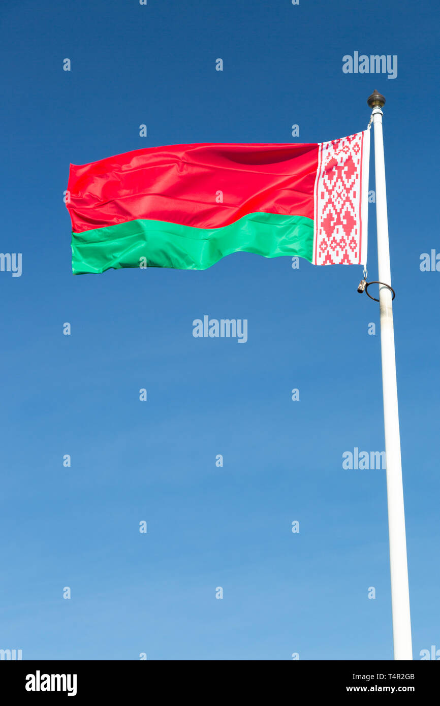 Bandiera della Bielorussia close up con un cielo blu. Foto Stock