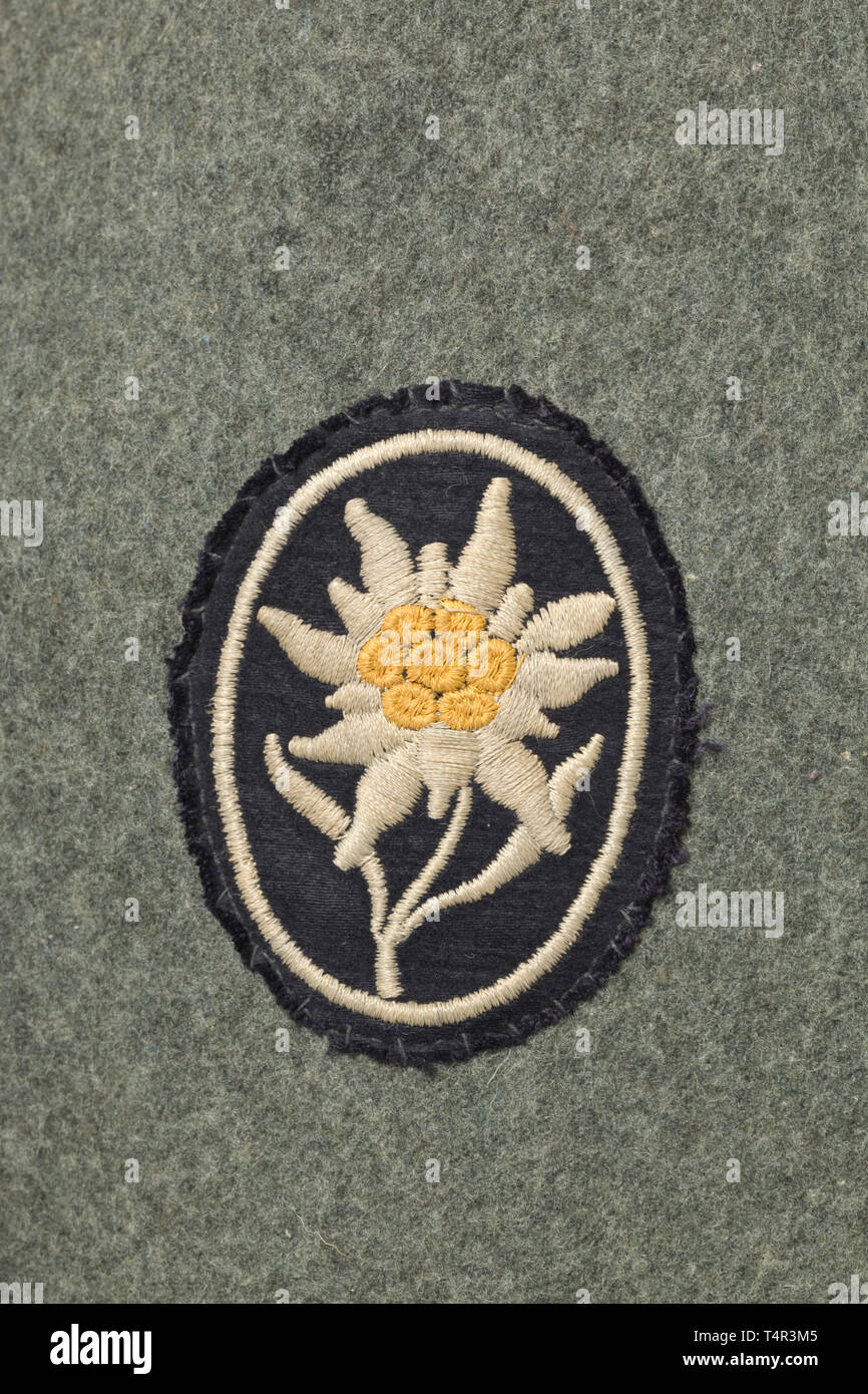 Una tunica di campo per un Untersturmführer delle truppe di montagna campo grigio in panno di lana con verde scuro e collare di campo pulsanti grigio, marrone camicia di seta con apertura per il Sidearm orrendo, la tasca interna con un sarto di dimensione di etichetta. Cucita in schede di spalla con verde di colori adiacenti. Il collare nero patch con continuo cavo di argento, il lato destro con un argento ricamato rune. Argento manicotto di tessuto eagle (parzialmente distaccata) su una base nera. Macchina-manicotto ricamato Edelweiß su un fondo nero, croce di ferro di seconda classe ribbon ad asola, ordini di loop. Tra cui un'esperienza fotografica di , Editorial-Use-solo Foto Stock