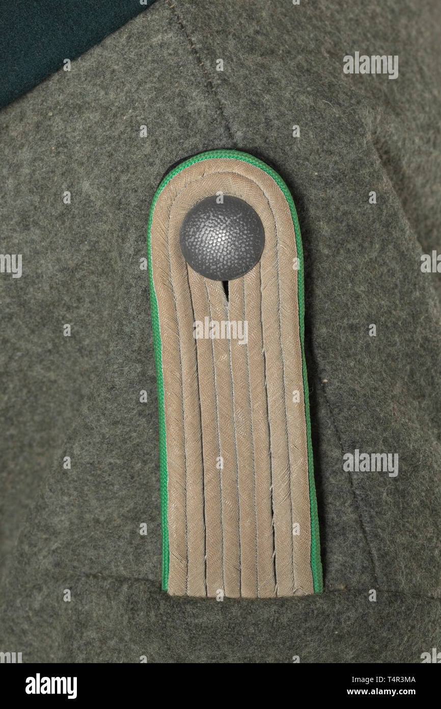 Una tunica di campo per un Untersturmführer delle truppe di montagna campo grigio in panno di lana con verde scuro e collare di campo pulsanti grigio, marrone camicia di seta con apertura per il Sidearm orrendo, la tasca interna con un sarto di dimensione di etichetta. Cucita in schede di spalla con verde di colori adiacenti. Il collare nero patch con continuo cavo di argento, il lato destro con un argento ricamato rune. Argento manicotto di tessuto eagle (parzialmente distaccata) su una base nera. Macchina-manicotto ricamato Edelweiß su un fondo nero, croce di ferro di seconda classe ribbon ad asola, ordini di loop. Tra cui un'esperienza fotografica di , Editorial-Use-solo Foto Stock