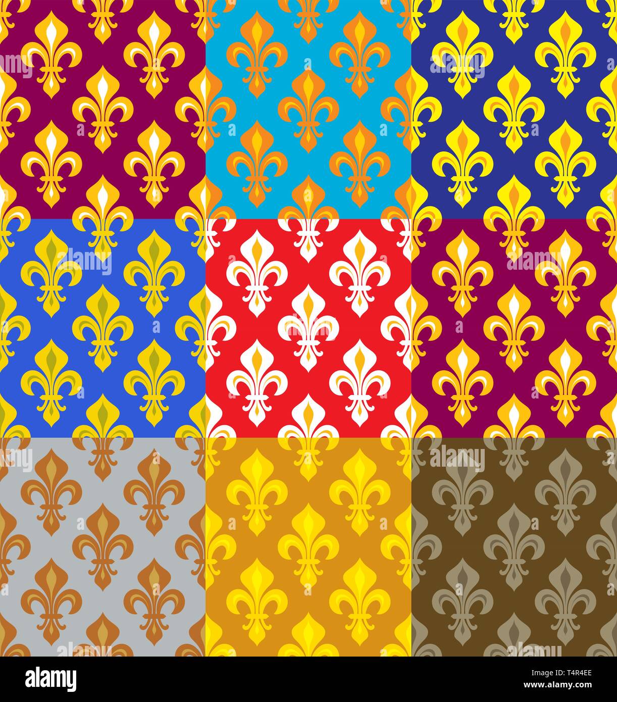 Royal gigli araldici (Fleur de Lis) -- ricca colorato sfondo, tessuto, seamless pattern, set di 9 versicolored piastrelle. Illustrazione Vettoriale