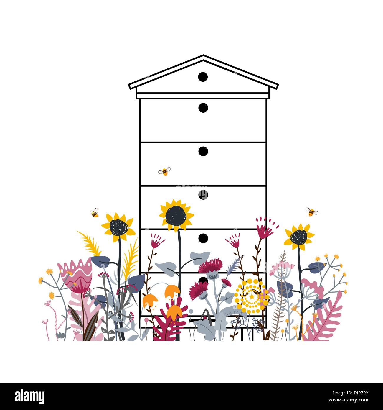 Fiore luminoso prato con alveare in estate. Mix differenza colore del fiore rurale. Un sacco di vari bellissimi fiori e occupato le api . Paese di sole Illustrazione Vettoriale