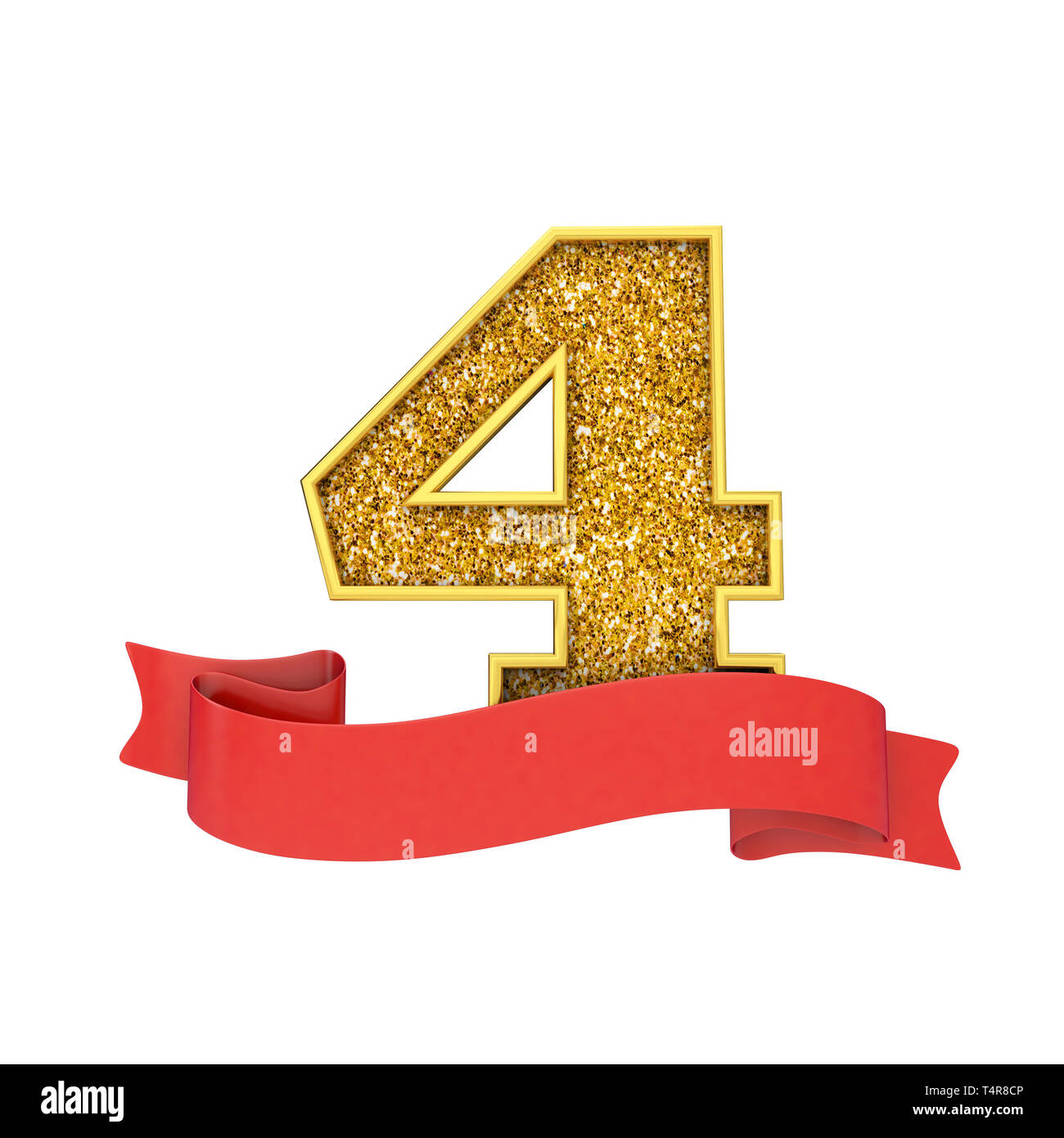Numero 4 gold glitter celebrazione con un rosso Scorrere banner. 3D Render Foto Stock