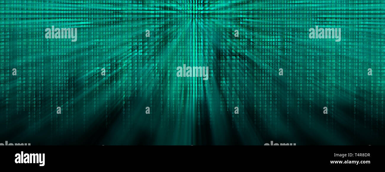 Ampia incandescente codice binario matrix sfondo con raggi di luce Foto Stock