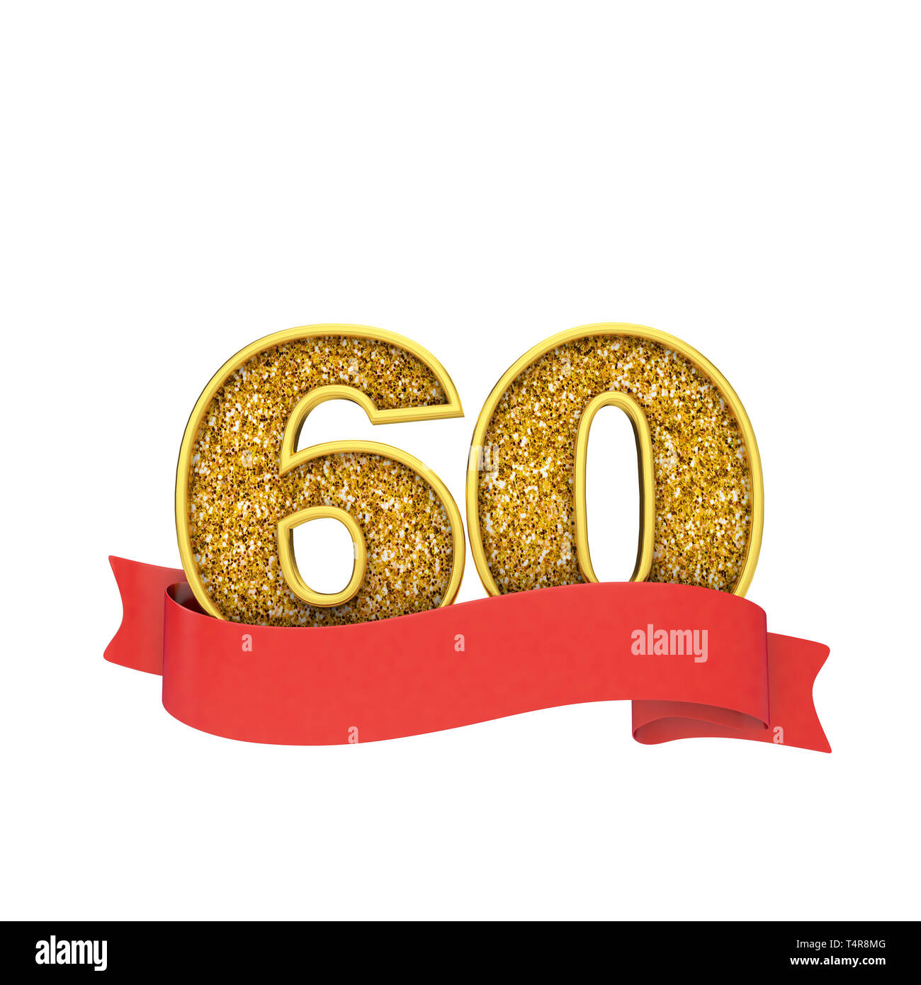 Numero 60 oro glitter celebrazione con un rosso Scorrere banner. 3D Render Foto Stock