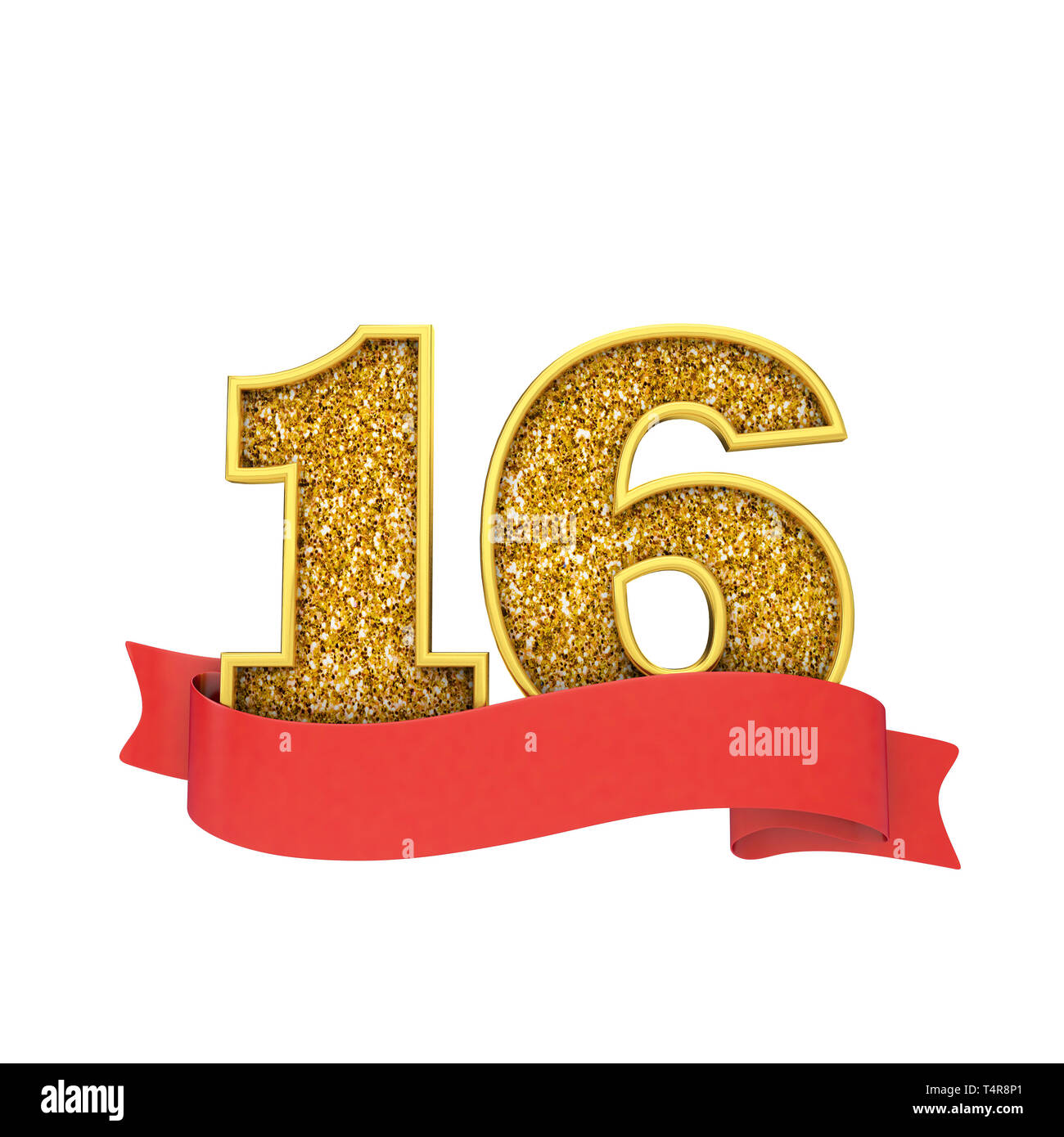 Numero 16 oro glitter celebrazione con un rosso Scorrere banner. 3D Render Foto Stock Numero 16 oro glitter celebrazione con un rosso Scorrere banner. 3D Render Foto Stock