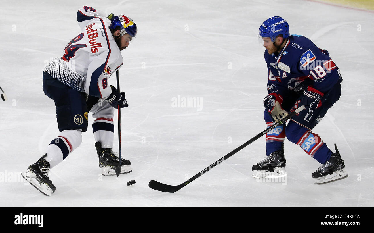 Mannheim, Germania. Xviii Apr, 2019. Hockey su ghiaccio: DEL, Adler Mannheim - Unità di comando EHC Monaco di Baviera, round del campionato, Finale 1° giornata, Trevor Parkes (84, EHC RB di Monaco di Baviera) contro Benjamin Smith (18, Adler Mannheim), Credit: Michael Deines/dpa/Alamy Live News Foto Stock