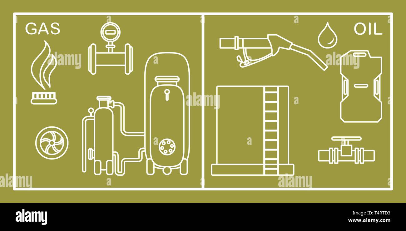 Illustrazione Vettoriale con apparecchiature per la produzione di petrolio e gas. Industria petrolifera, l'industria del gas. Estrazione, storage, utilizzando il petrolio e il gas. Illustrazione Vettoriale