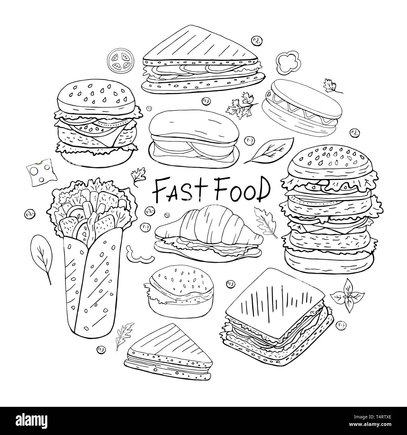 Insieme di diversi fast food elementi in forma di cerchio su sfondo bianco. Cucina di strada raccolta in bianco e nero. Foto Stock