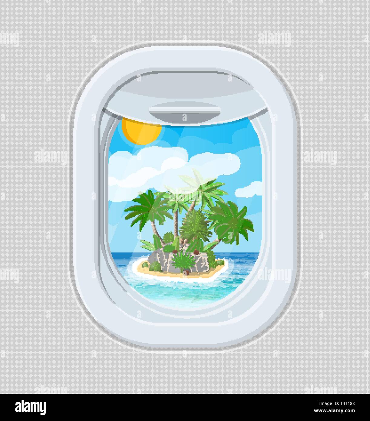 Finestra dall'interno del velivolo. Aeromobile oblò otturatore. Isola tropicale con Palm tree in oceano. Viaggio aereo o il concetto di vacanza. Vector illustrat Illustrazione Vettoriale