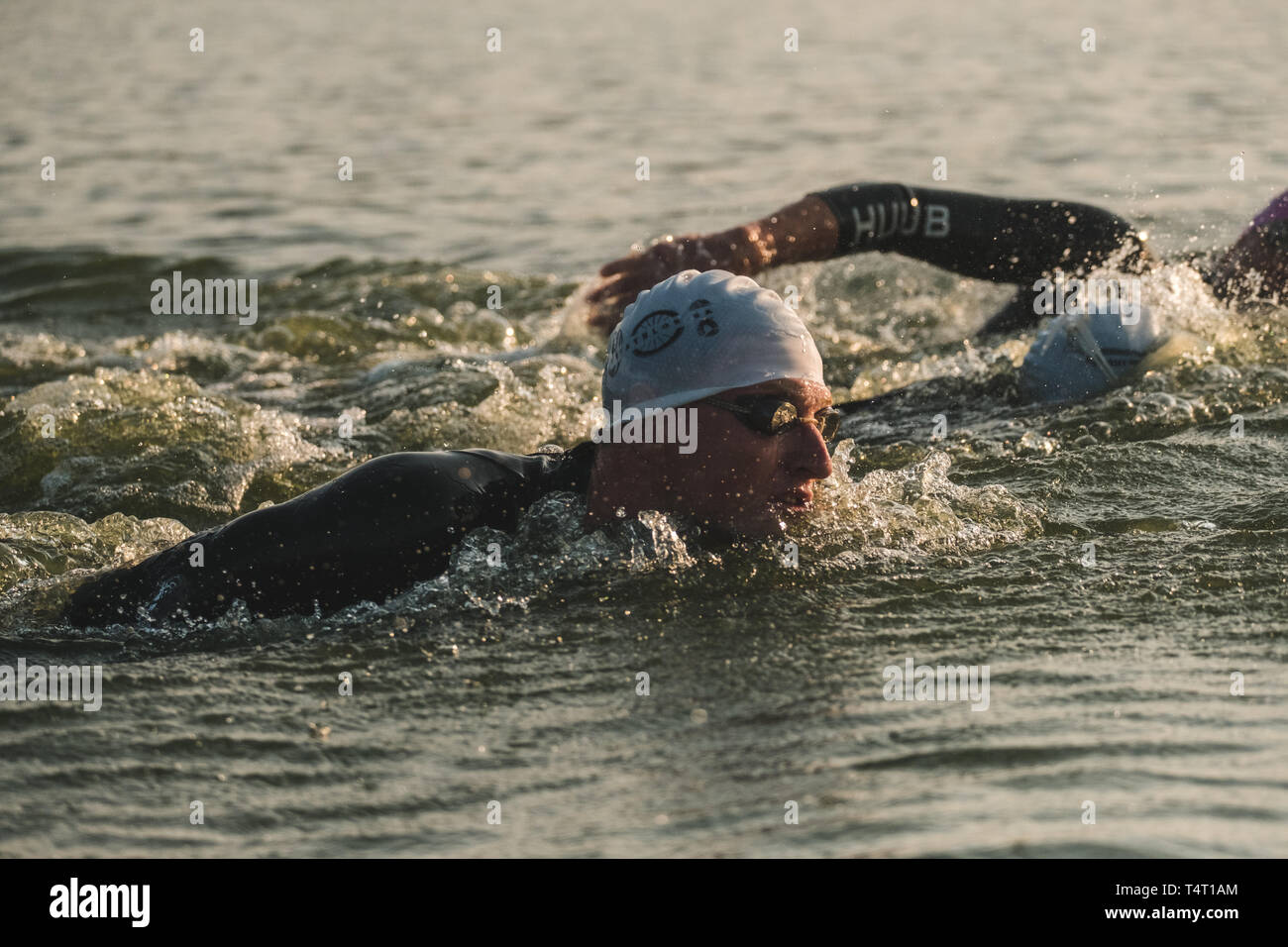 Triatleti nuotare all'avvio dell'Ironman Triathlon a Kiev, Ucraina Foto Stock