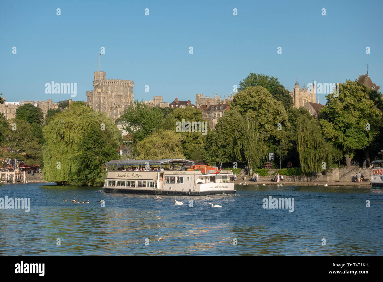 La torre circolare, il Castello di Windsor visto dalla riva nord del Tamigi come Fratelli francesi tour in barca passa da. Foto Stock
