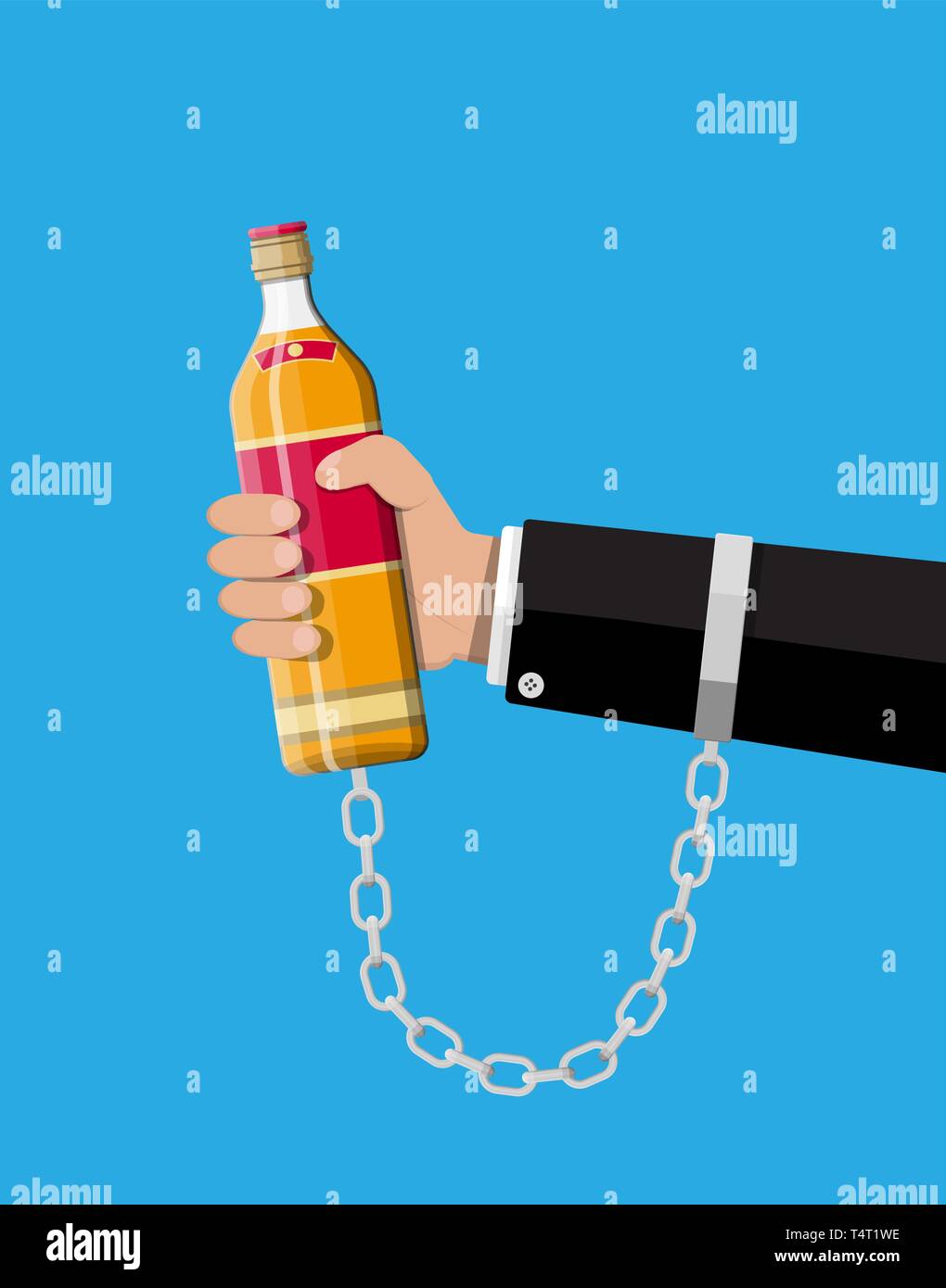 Bottiglia di whiskey in mano sulla catena. Bevande alcoliche incatenato alla bottiglia di alcool. Concetto di alcool dipendenza. Illustrazione Vettoriale in stile piatto Illustrazione Vettoriale