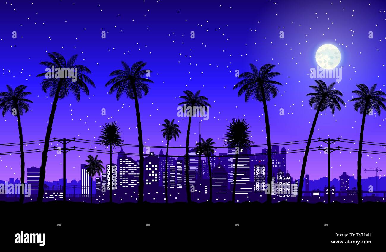 Skyline della città silhouette al tramonto. Skyscappers, torri, office e edifici residenziale. Paesaggio urbano sotto il cielo di notte, la luna e il palm tree. Vector illustrat Illustrazione Vettoriale