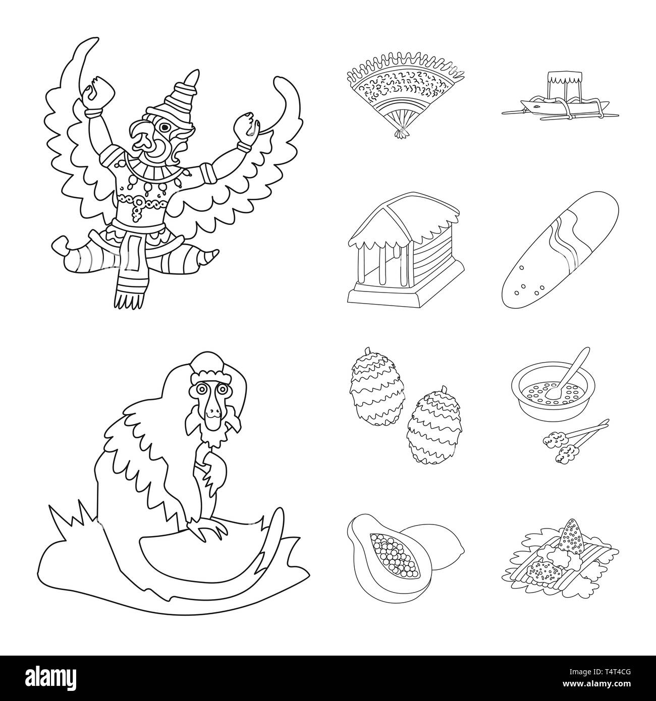 Oggetto Isolato di stile balinese e simbolo dei caraibi. Set di balinesi e geografia simbolo azionario per il web. Illustrazione Vettoriale