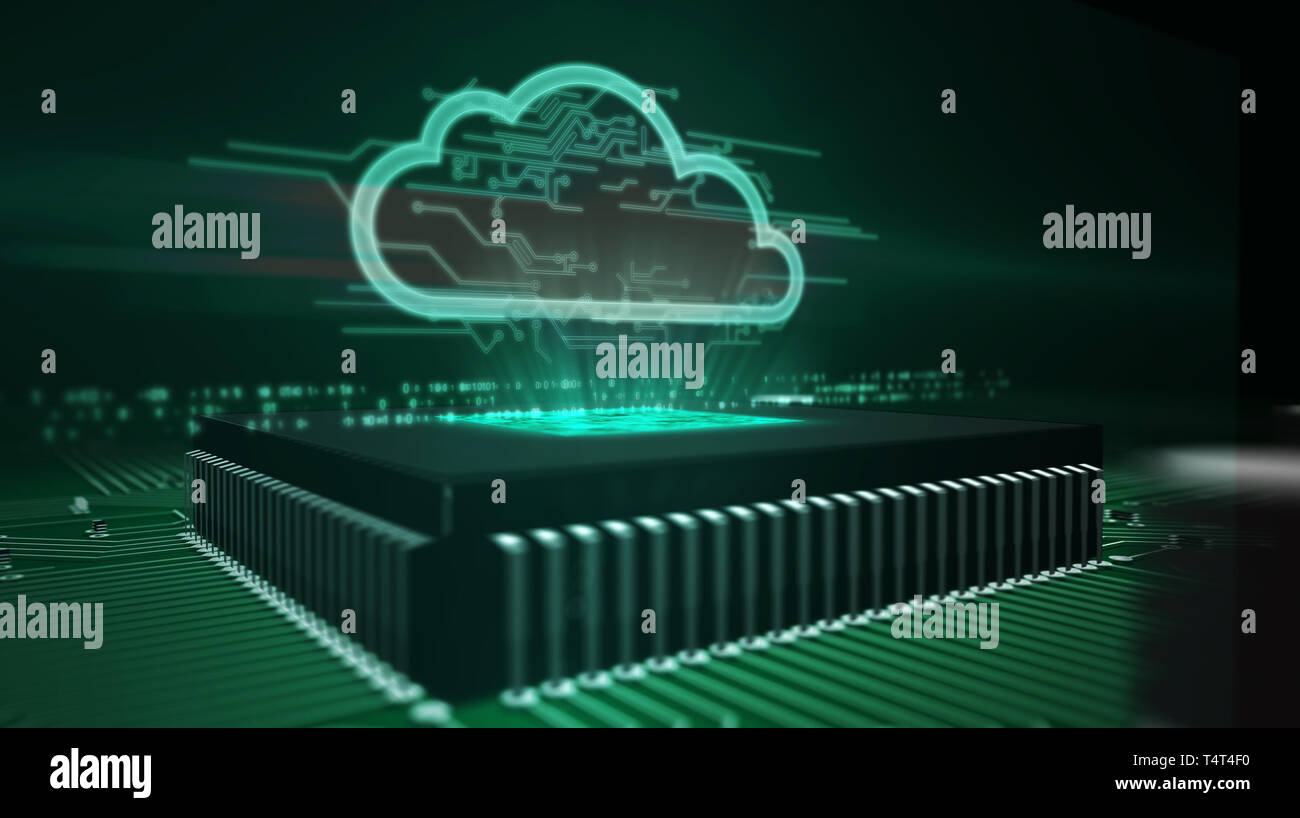 Cyber security concetto con ologramma cloud su cpu di lavoro in background. Elaborazione digitale, server per la memorizzazione dei dati e computer astratto di analisi 3d Foto Stock