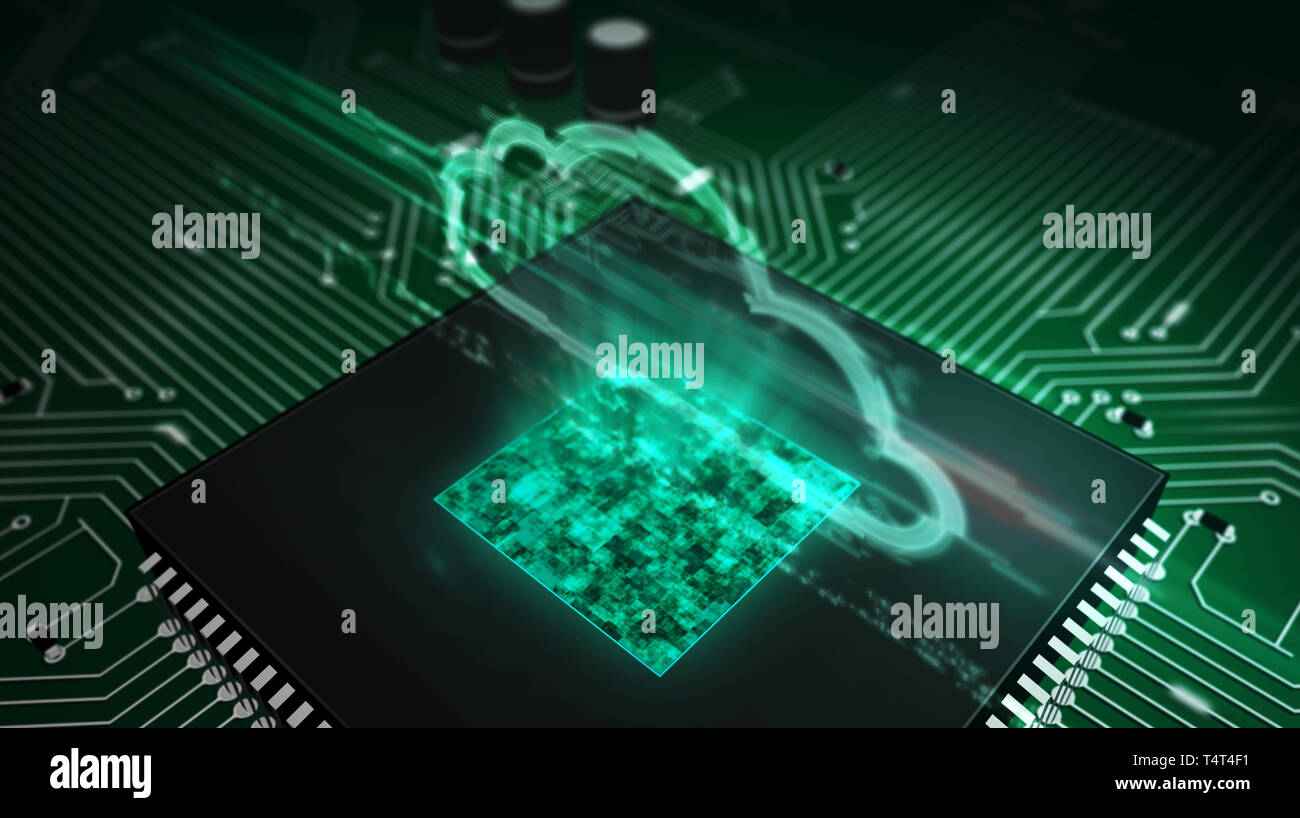 Cyber security concetto con ologramma cloud su cpu di lavoro in background. Elaborazione digitale, server per la memorizzazione dei dati e computer astratto di analisi 3d Foto Stock